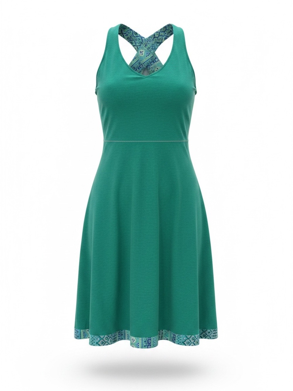 Kuhl Karisma L/XL Reversible Stretch Twist-Back TEAL Green Geo Print Tank Dress